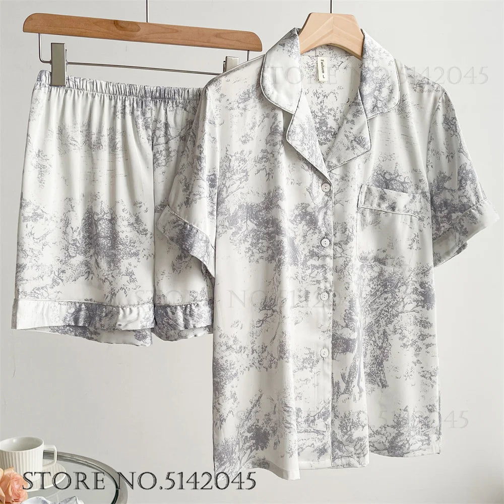 KAELAH Print Flower 2PCS Pajamas Set Women Sleepwear Spring Summer Trouser Suits Lounge Wear