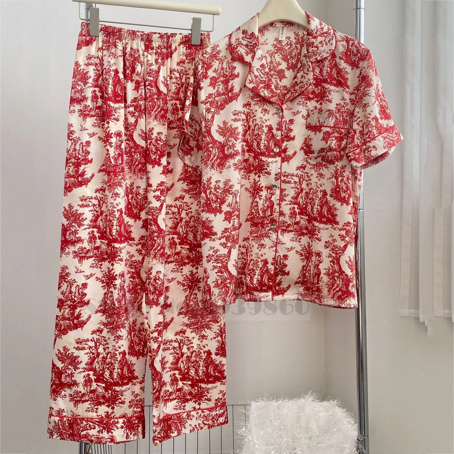 KAELAH Print Flower 2PCS Pajamas Set Women Sleepwear Spring Summer Trouser Suits Lounge Wear