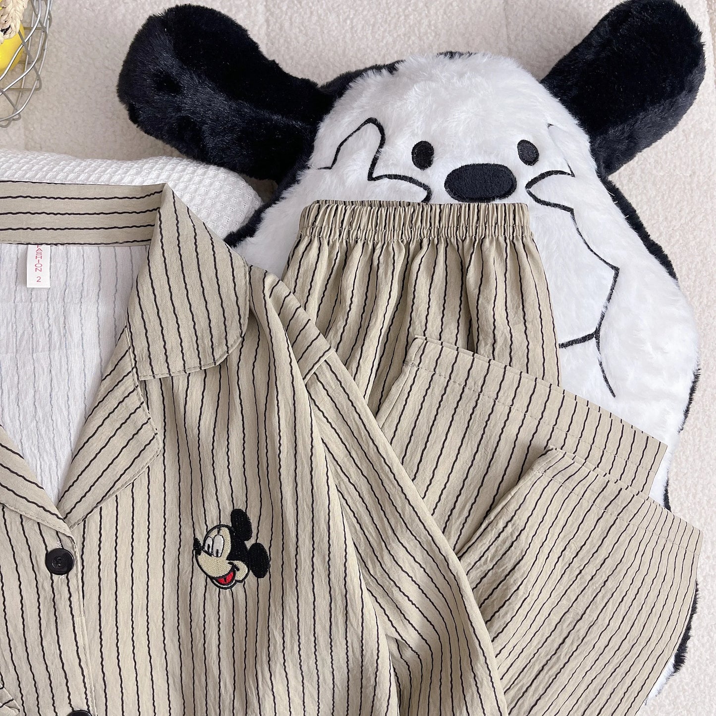KAELAH Mickey Mouse Strip Print Woman's Pajamas Set Autumn Winter Loungewear