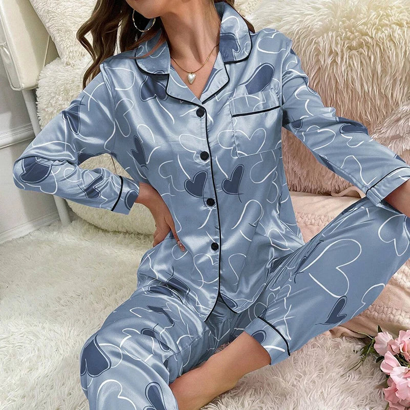 KAELAH Satin Floral Pajama Casual Sleepwear Home Clothes Suit Long Sleeve Button Up