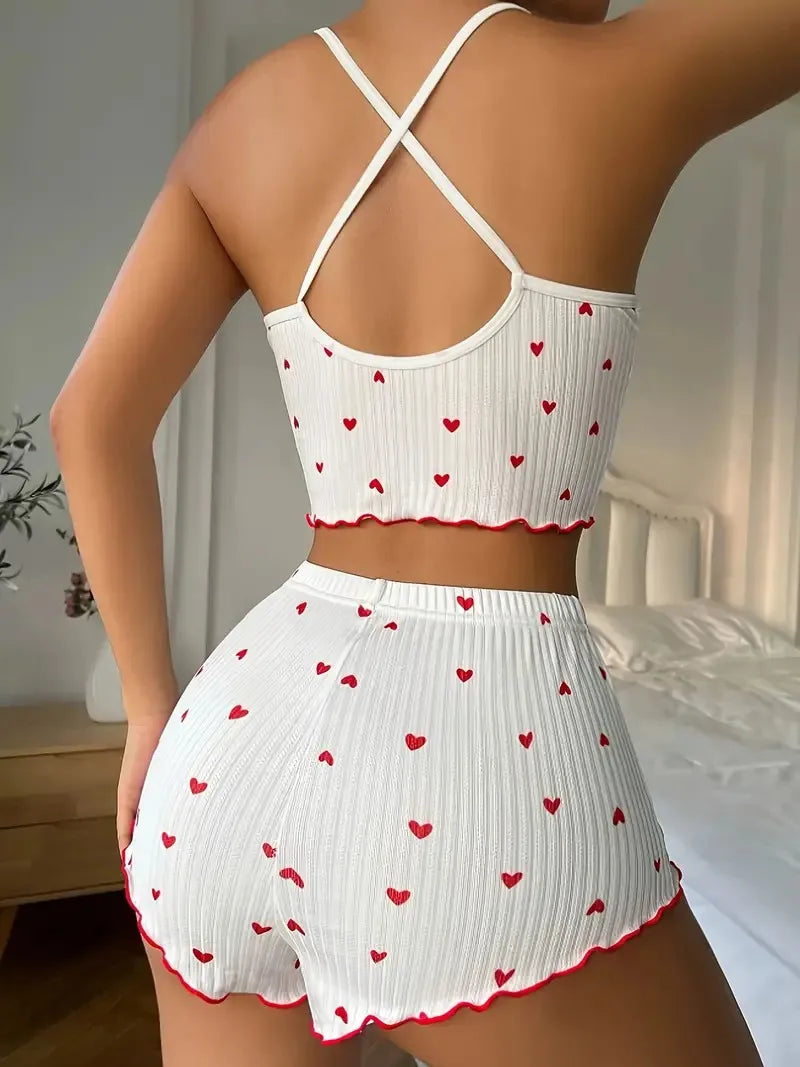 KAELAH Pajamas Set Heart Print Soft Ribbed Fabric with Flirty Frill Trim Casual Cami Top