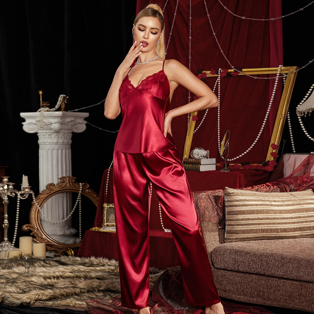 KAELAH Pajama Set Lace Trim Camisole with Pants High Quality Soft Comfortable Sleepwear