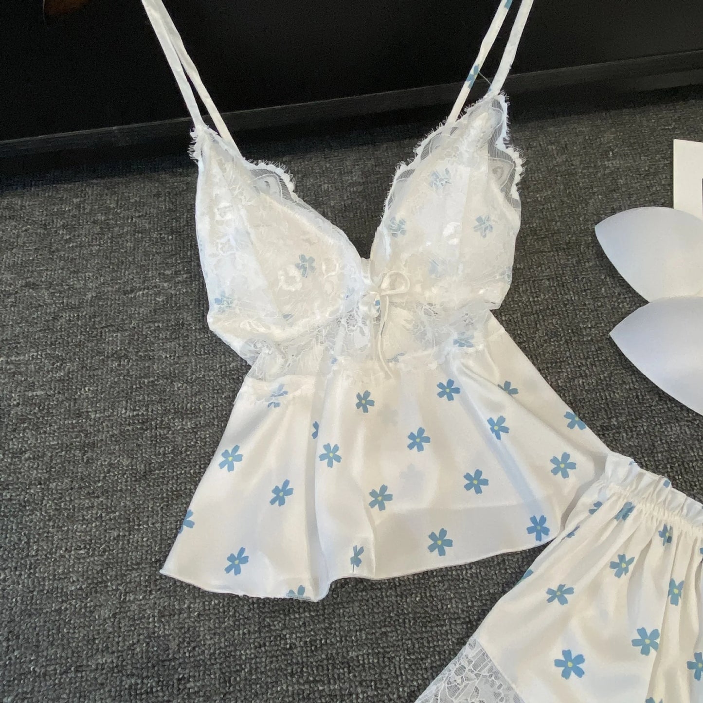 KAELAH Lingerie Two Piece Lace Sleepwear Set Sexy Sleeveless Pijamas Suit Satin