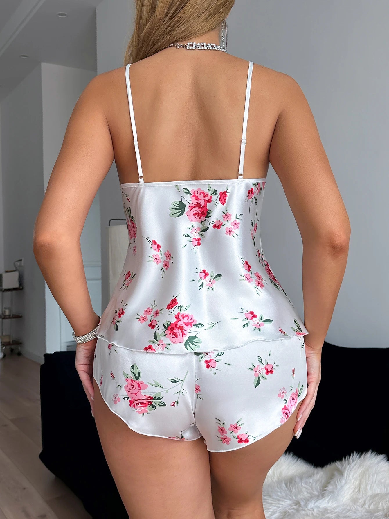 KAELAH Blossom V Neck Lace Printed Halter Shorts Set Fashionable And Elegant
