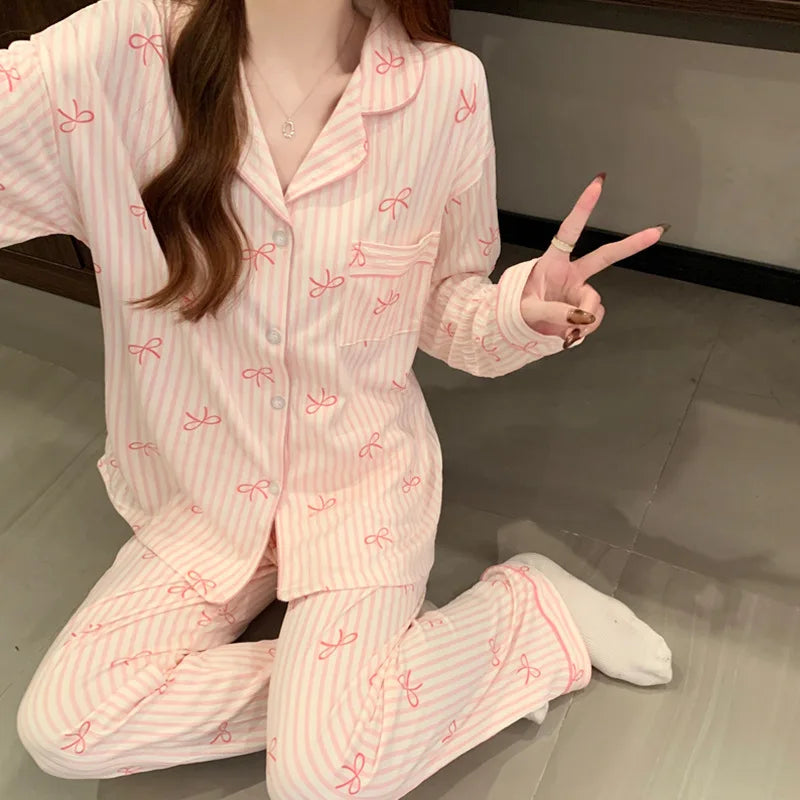 KAELAH Soft Comfortable cute Bow Pink Print Pajama Set