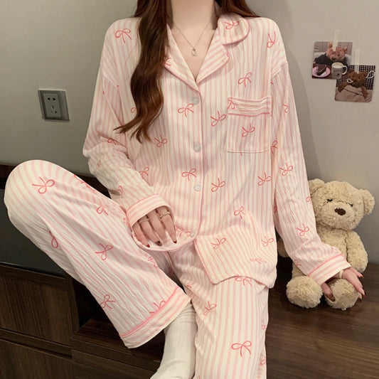 KAELAH Pink Bow Tie Design Pajamas for Women Long Sleeve Top & Elastic