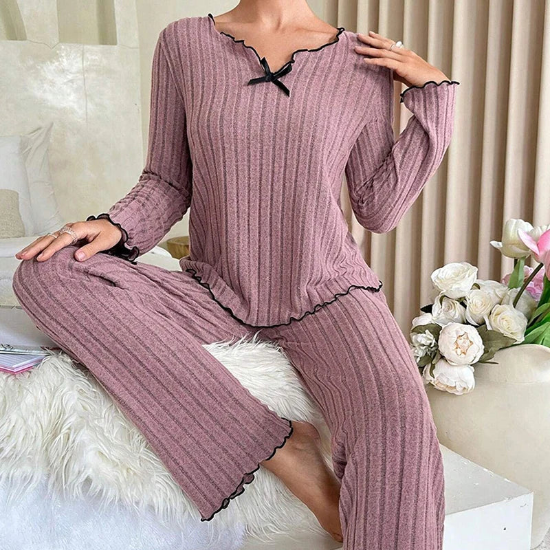KAELAH Feminine Autumn Winter Sleepwear Ribbed Pajamas Set Long Sleeve Top