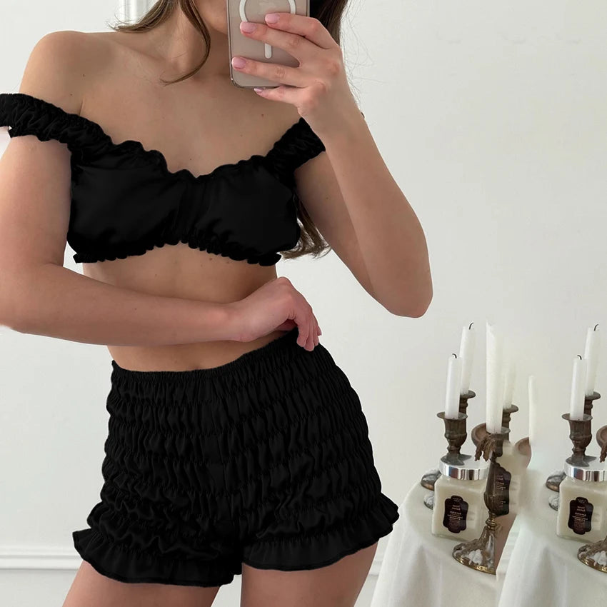 KAELAH Sexy Satin Sleepwear women's pajamas Crop Top Vest With Ruch Elastic Waist