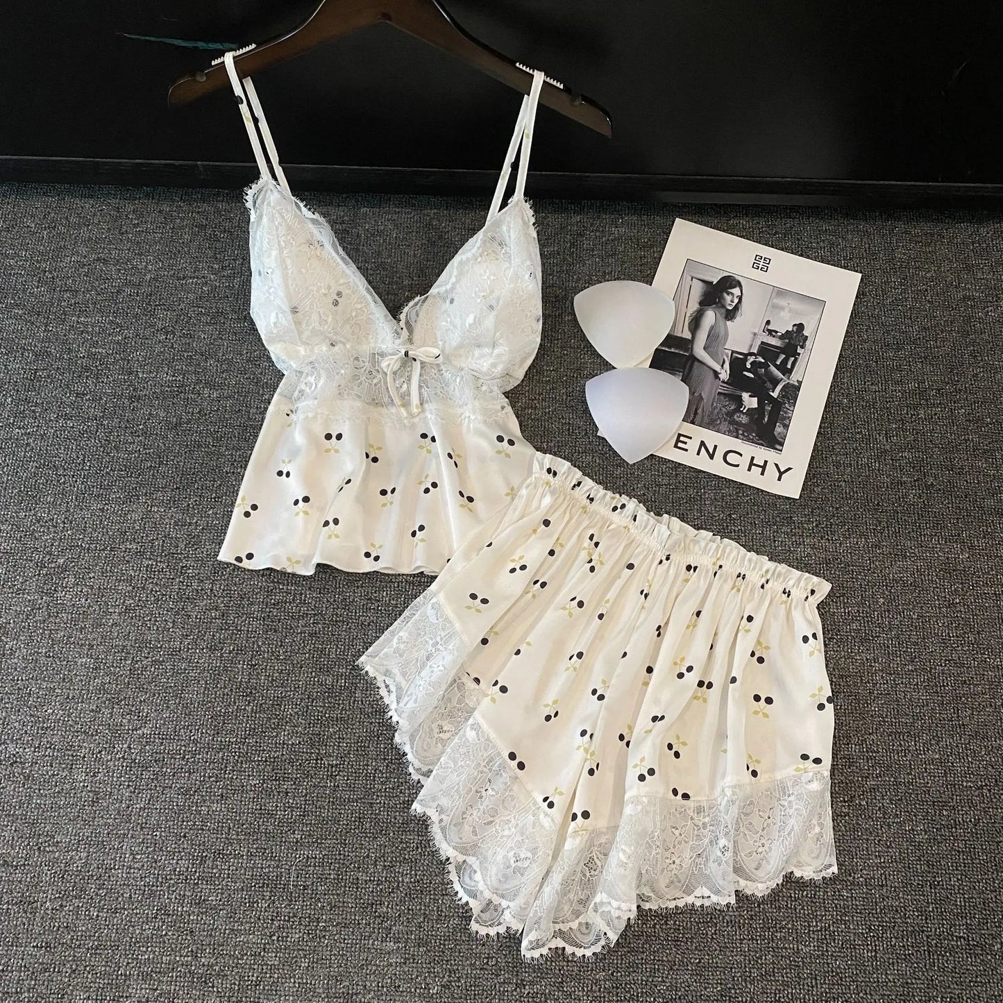 KAELAH Lingerie Two Piece Lace Sleepwear Set Sexy Sleeveless Pijamas Suit Satin