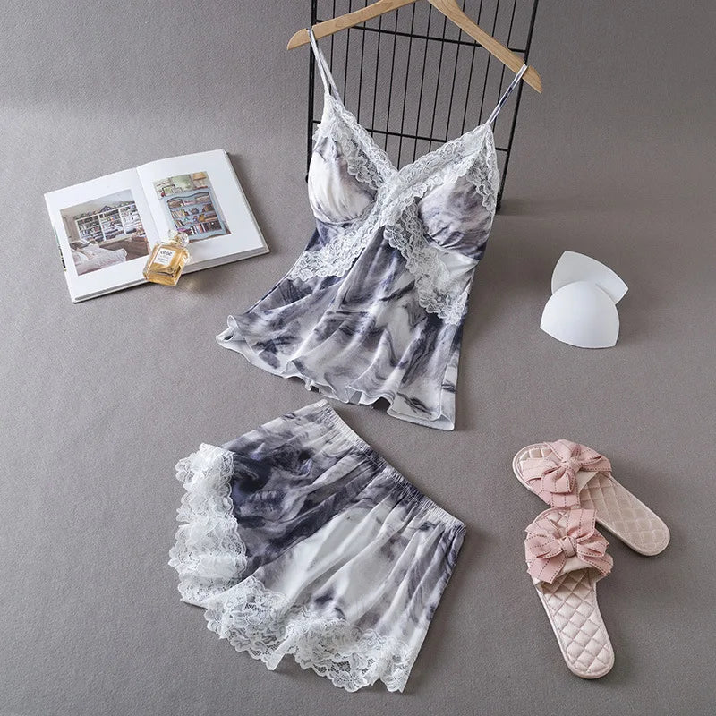 KAELAH Daeyard Sexy Lace Cami and Shorts 2 Pieces Pajama Set Silk Floral