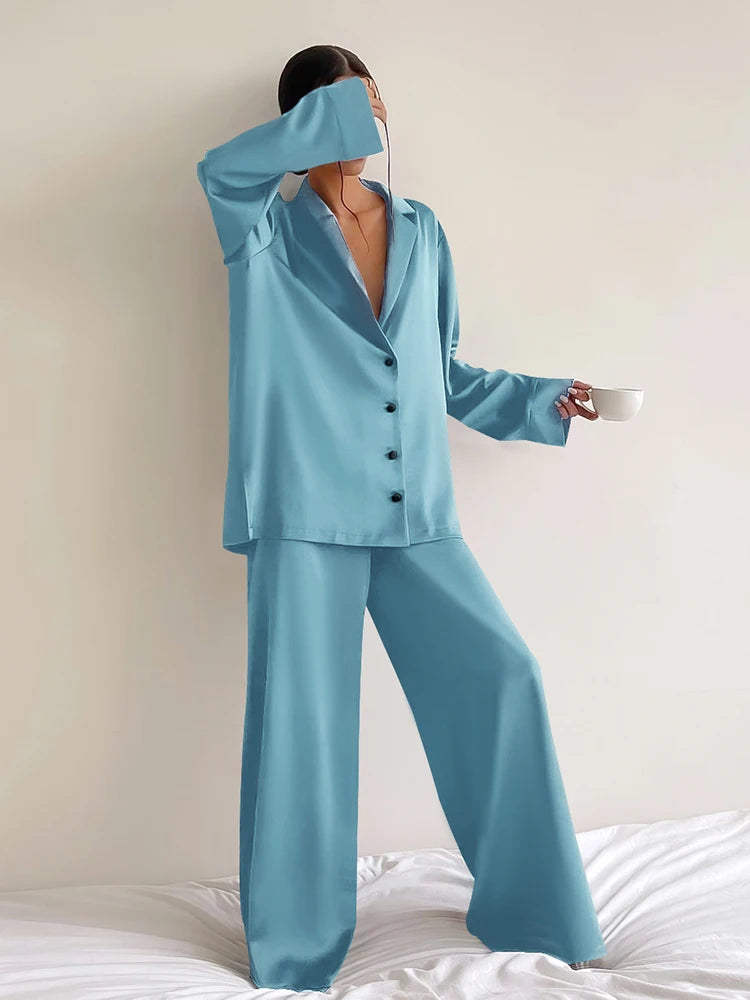 KAELAH Oversized Satin Silk Sleepwear Low Cut Sexy Pajamas For Women Single-Breasted