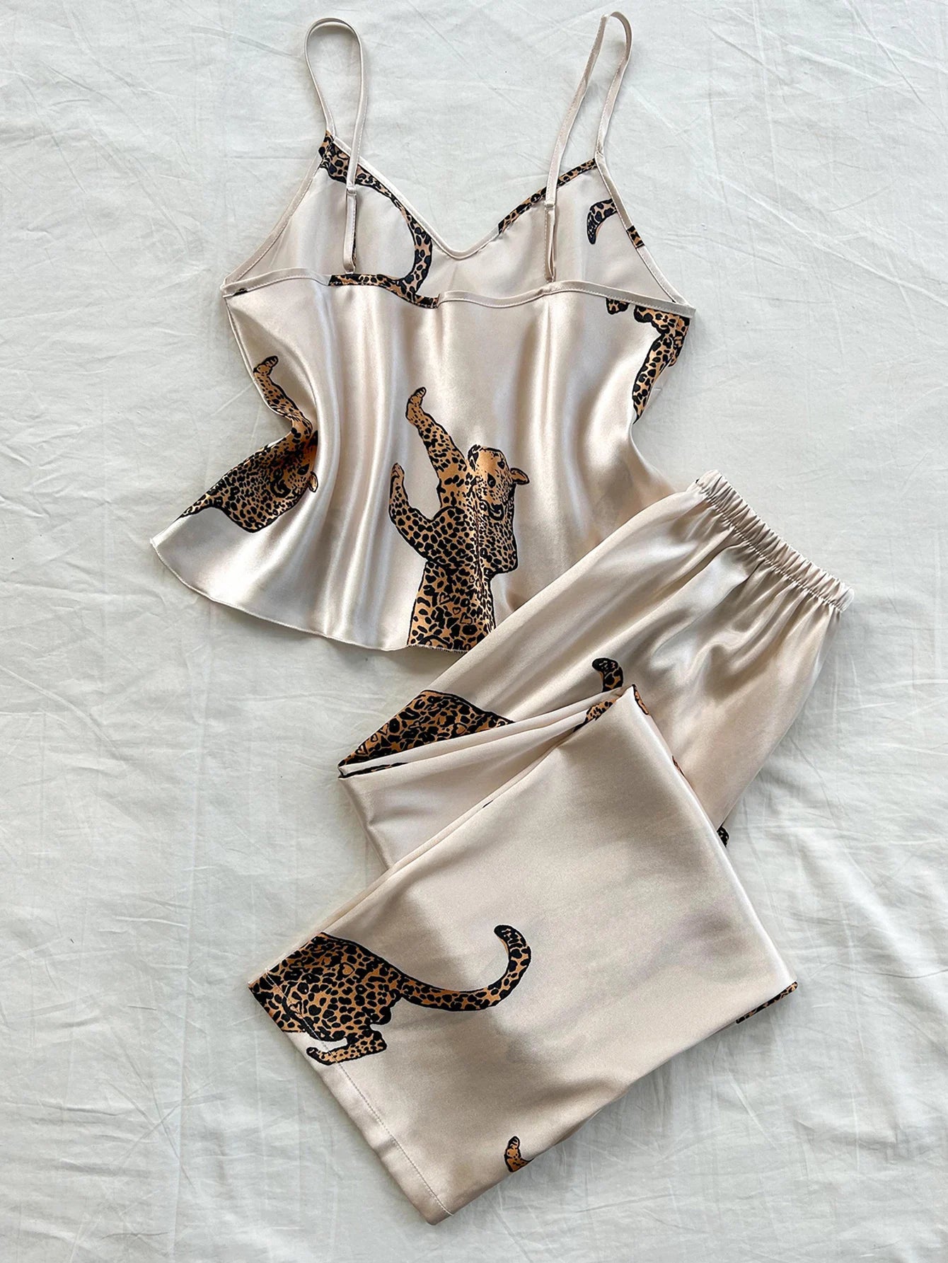 KAELAH Elegant V Neck Leopard Print Suspender Long Pants Pajama Set