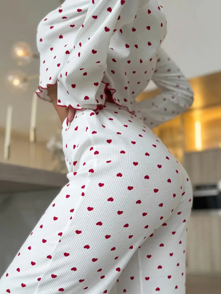 KAELAH Cherry Print Cuffed-Long-Sleeve Tops and Long Trousers Sleepwear