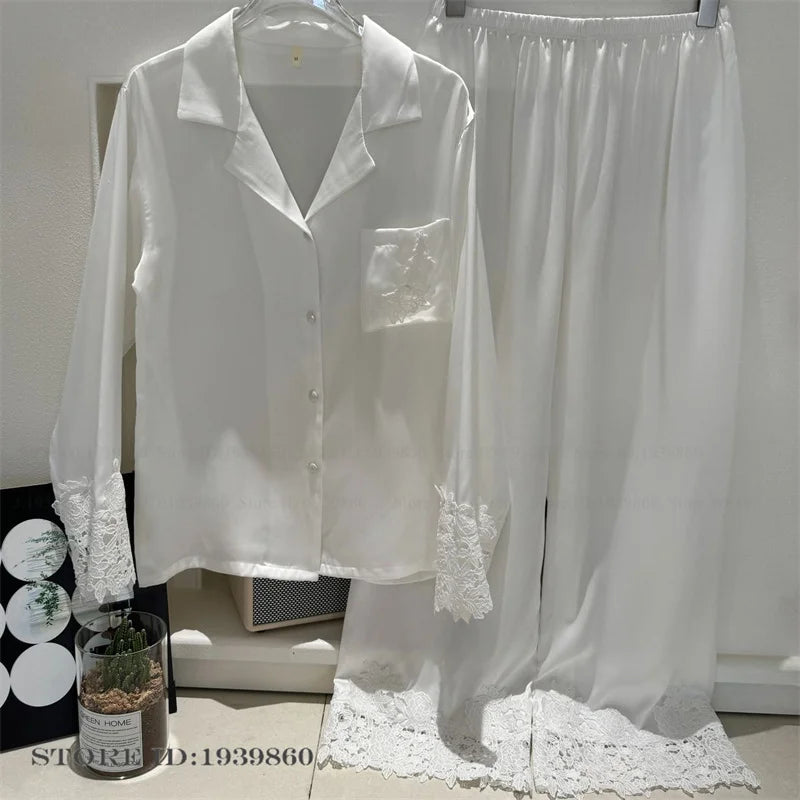 KAELAH Set White Satin Lace Trim Bride Wedding Sleepwear Homewear