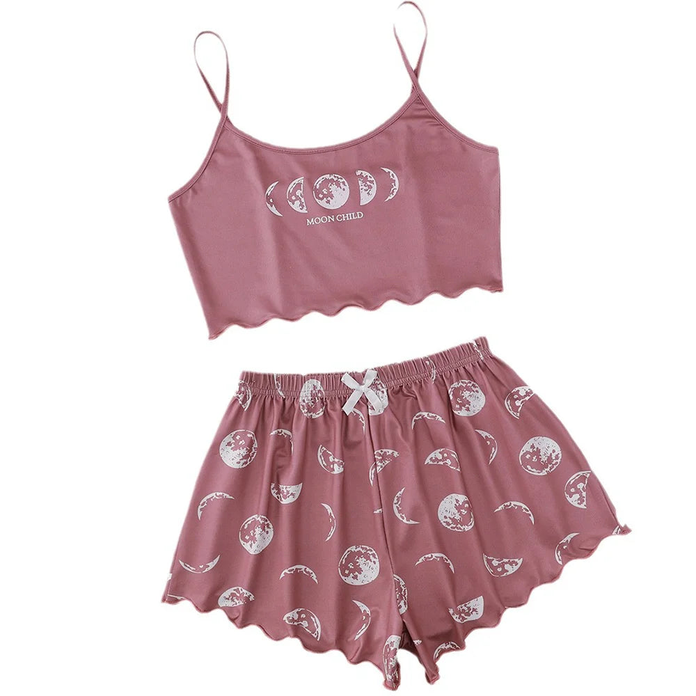 KAELAH Set Sports Camisole And Shorts Pink Moon And Planet Print