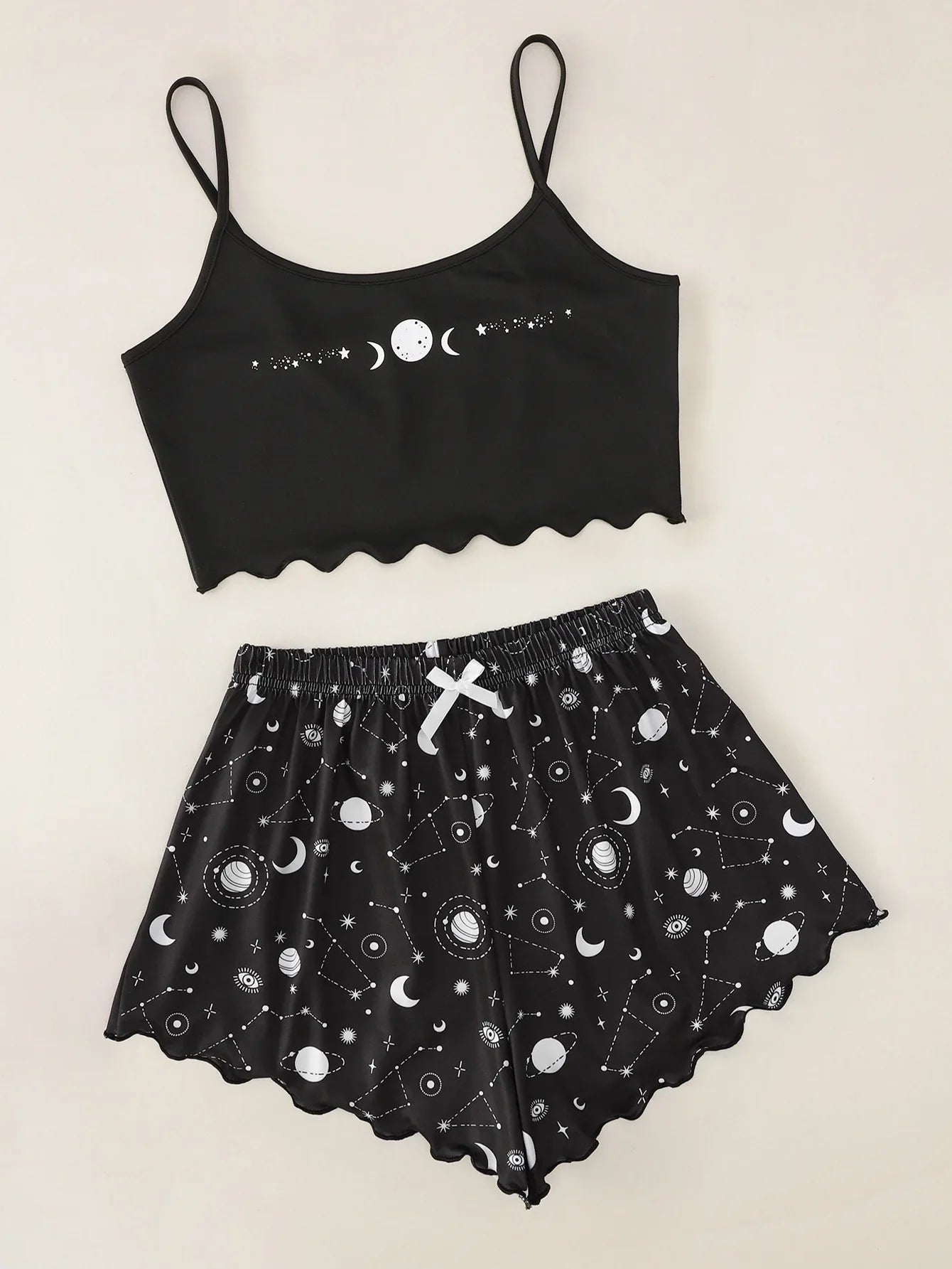 KAELAH Sleepwear Set Star Moon Printed Sleeveless Sling Crop Tops and Shorts