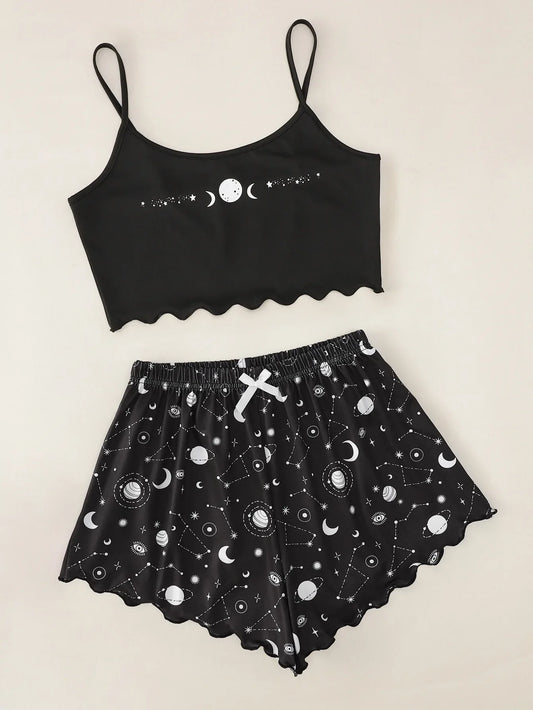 KAELAH Sleepwear Set Star Moon Printed Sleeveless Sling Crop Tops and Shorts