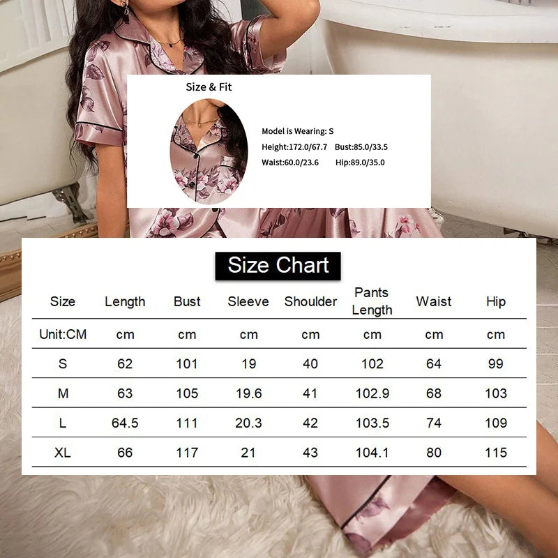 KAELAH Elegant Satin Sleepwear Pj Set Flower Print Short Sleeve