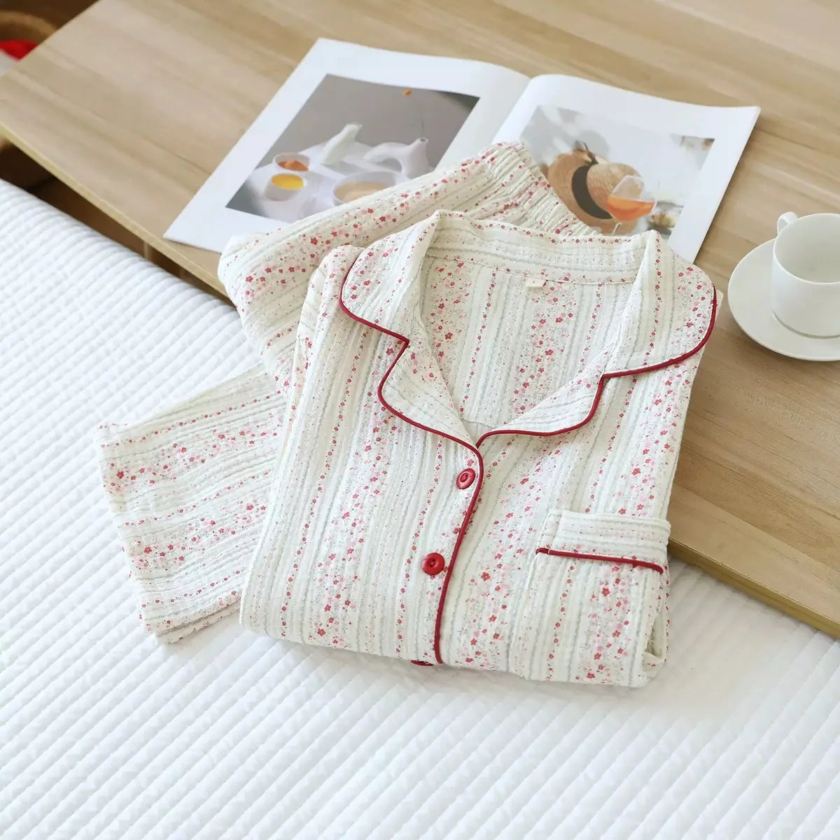 KAELAH Cotton Crepe Women's Pajamas Casual Soft Loose Sleepwear Long Sleeve