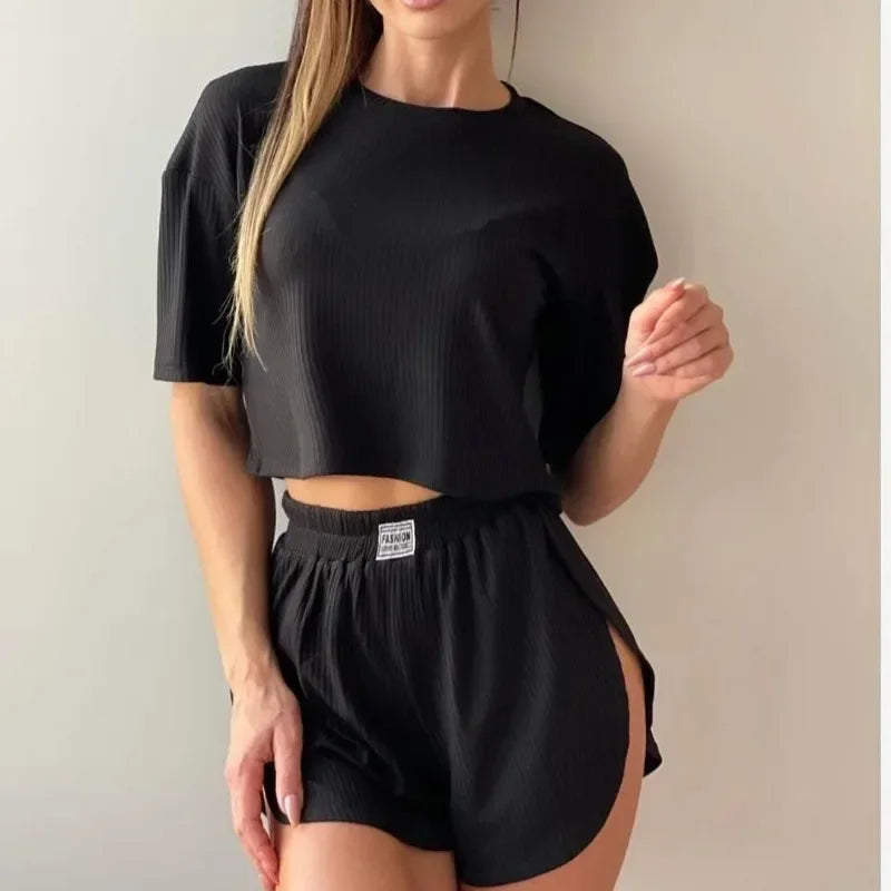 KAELAH Solid Pajamas Set Short Sleeve T-Shirt And Shorts Sleepwear 2 Piece Set