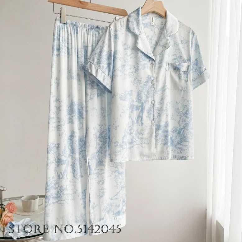 KAELAH Print Flower 2PCS Pajamas Set Women Sleepwear Spring Summer Trouser Suits Lounge Wear