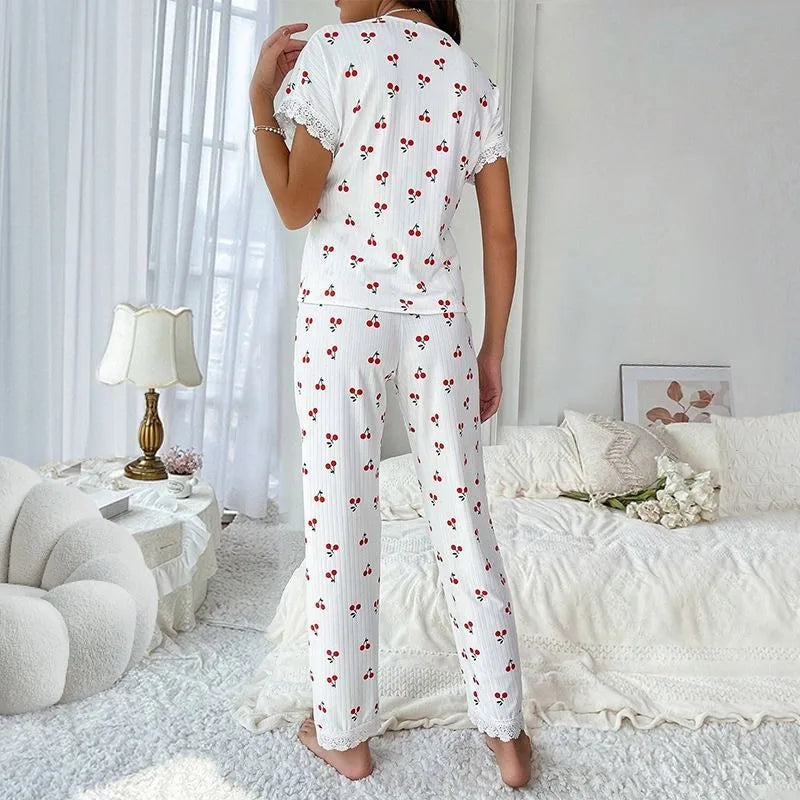 KAELAH Cherry Collar Lace Printed Shirt Trousers Homewear