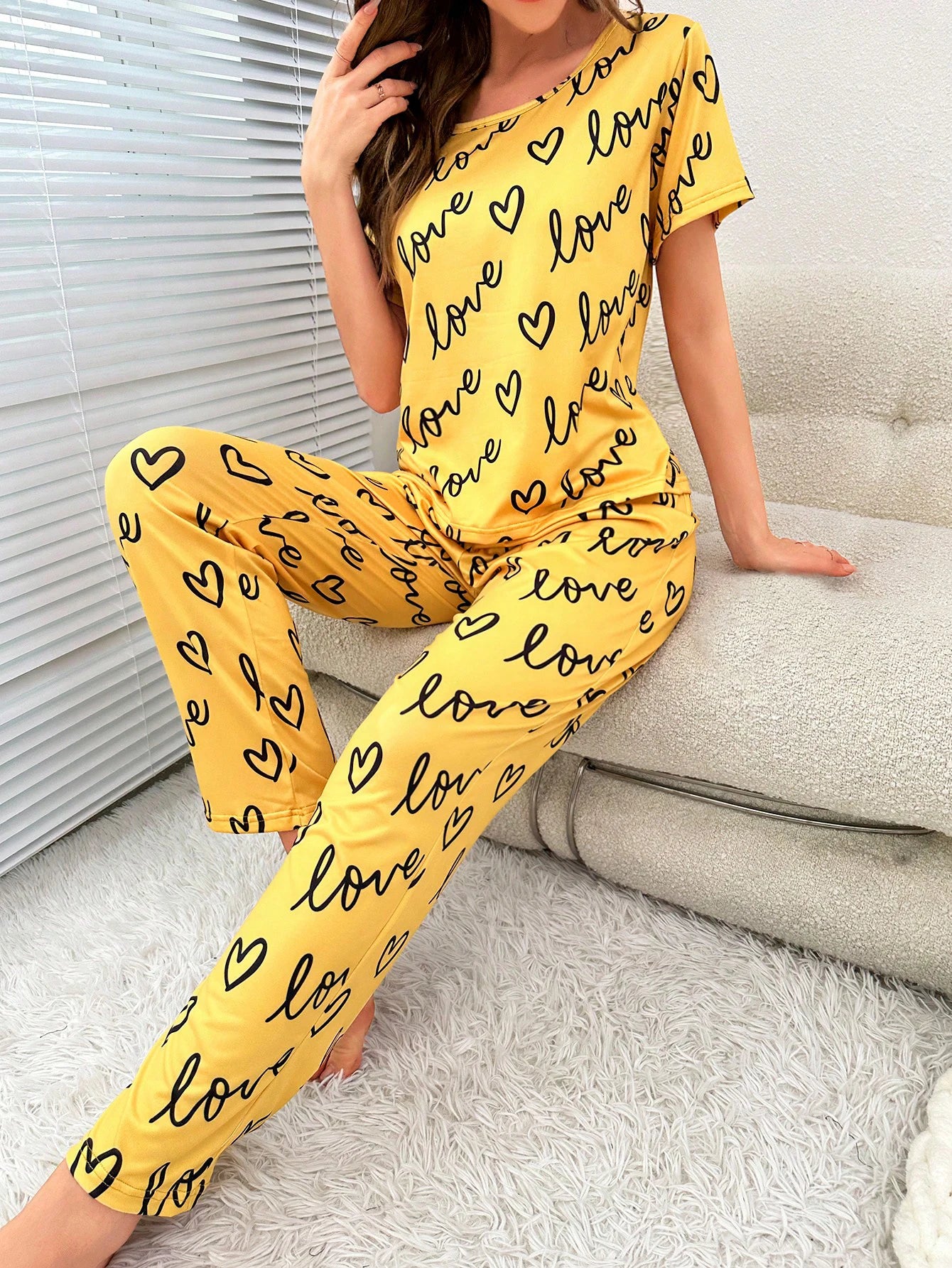 KAELAH Cartoon Print Pajama Set Short Sleeve Top Long Pants Soft Comfortable Sleepwear