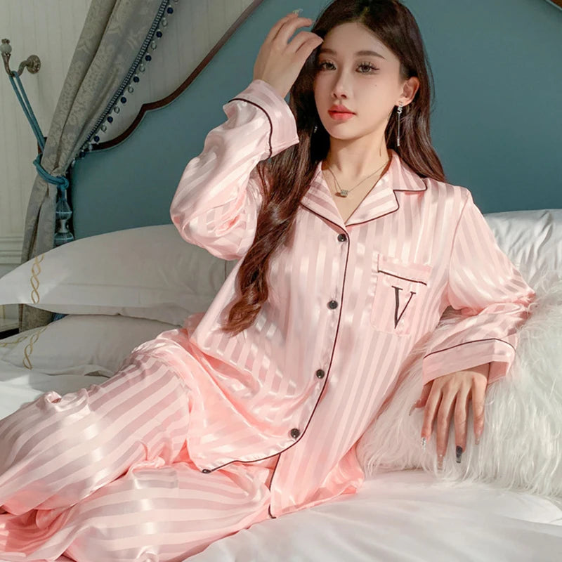 KAELAH Ice Silk Pajama Set Long Sleeve Long Pants Lightweight Sleepwear