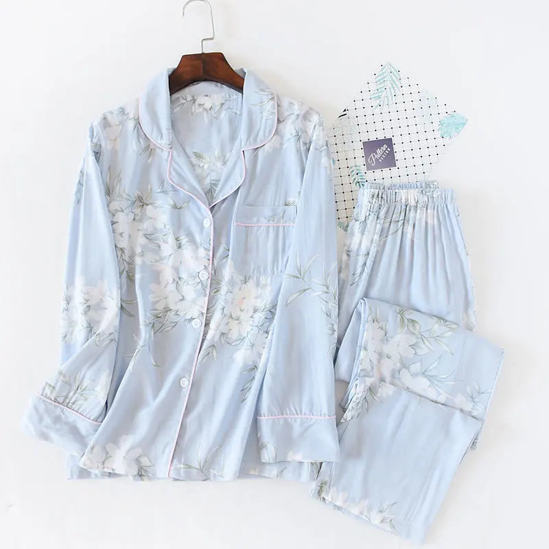 KAELAH cute cartoon floral viscose fiber pajamas two-piece long-sleeved home cotton