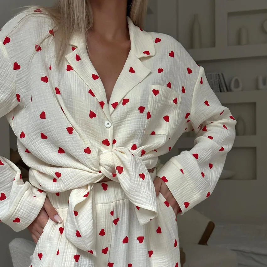 KAELAH New Love Heart Print Pyjama Cotton Long Sleeve Set