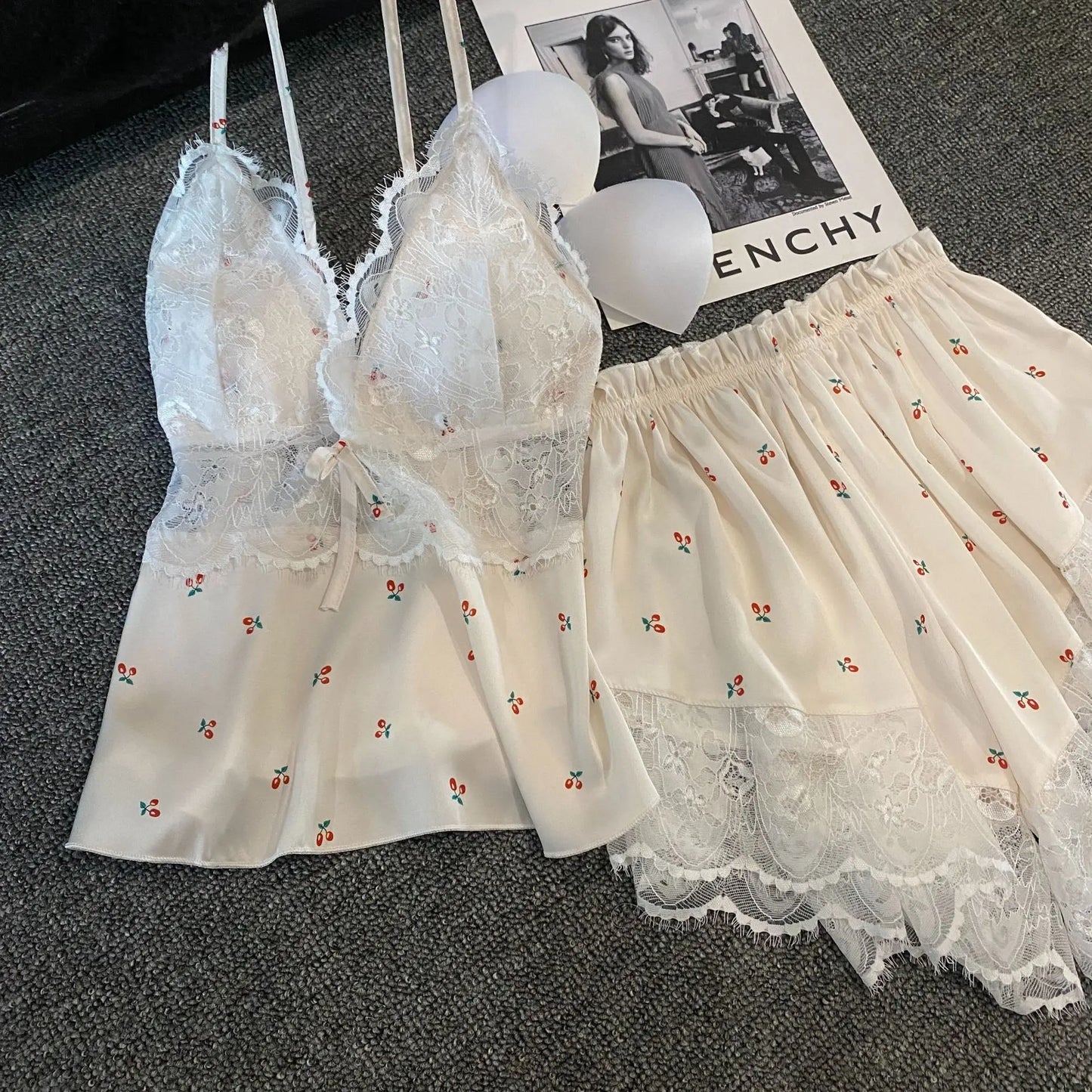 KAELAH Lingerie Two Piece Lace Sleepwear Set Sexy Sleeveless Pijamas Suit Satin