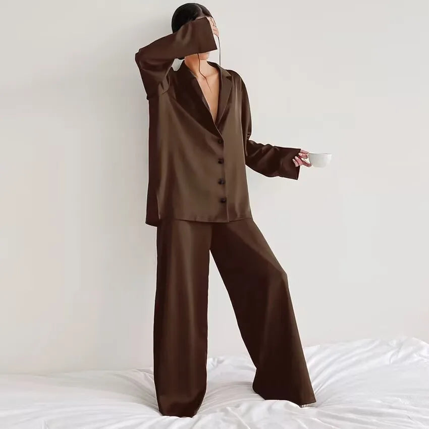 KAELAH Oversized Satin Silk Sleepwear Low Cut Sexy Pajamas For Women Single-Breasted