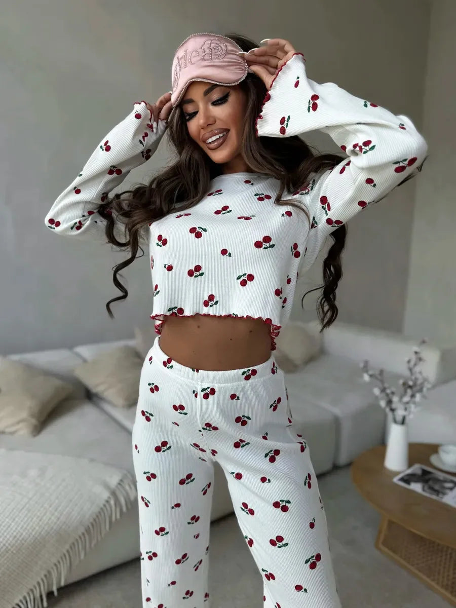 KAELAH Cherry Print Cuffed-Long-Sleeve Tops and Long Trousers Sleepwear