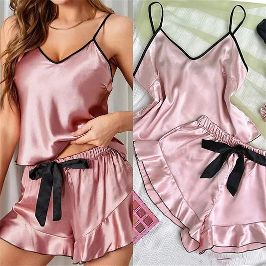KAELAH Smooth Satin Pajamas V-Neck Top Ruffled Edges and Bow Shorts Simple and Breathable Set