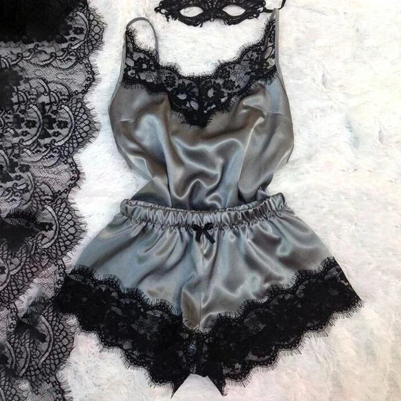 KAELAH Lace Satin Pajama Set for Women Sleepwear V-Neck Stretch Sexy Lingerie Strap Vest