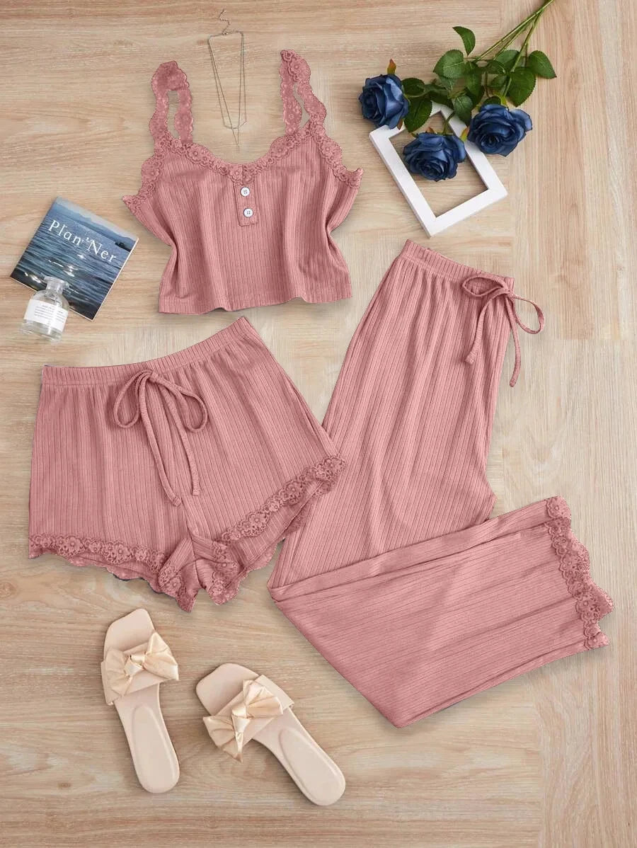 KAELAH Summer 3PCS Pajama Sets Solid Vest Shorts and Pants Paired