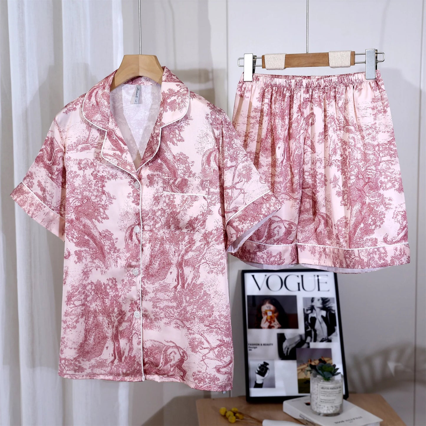 KAELAH Print Design Ice Silk Pajamas Women's Spring Summer Long Sleeves