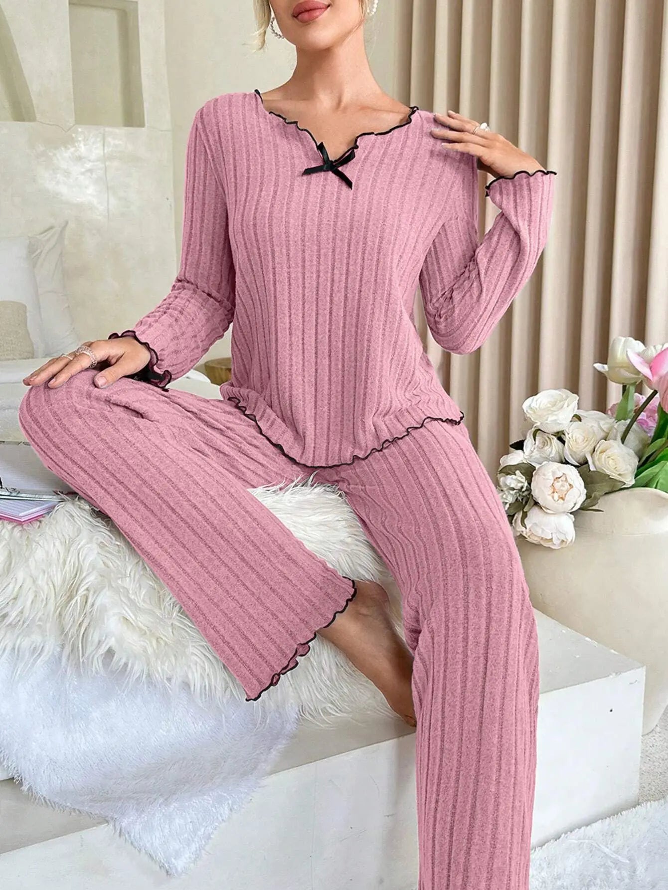 KAELAH Flannel Warm Sleepwear Women Casual Pajamas Set Loungewear