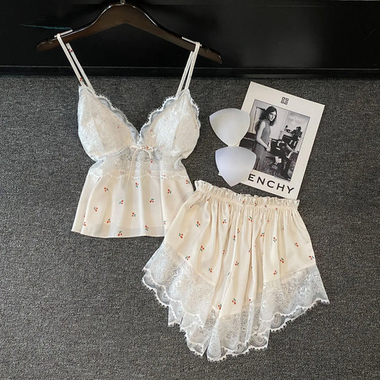 KAELAH Lingerie Two Piece Lace Sleepwear Set Sexy Sleeveless Pijamas Suit Satin