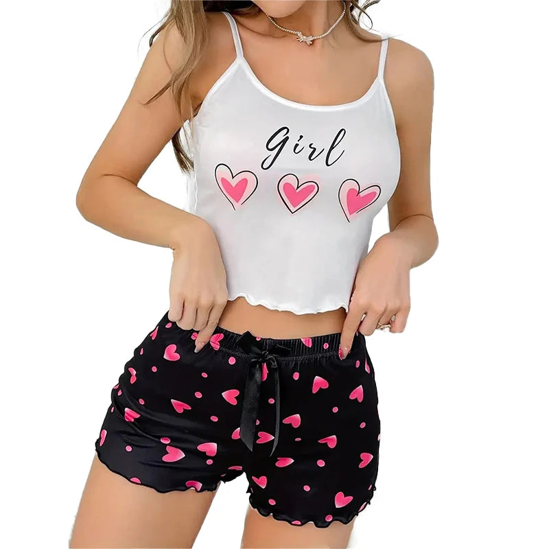 KAELAH Pink Heart Print Milk Pajama Two-Piece Summer Casual Homewear Camisole and Shorts