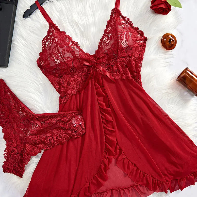 KAELAH Cute Suspender Summer Ultra-thin Nightgown Lace Thong Sets Women's Sexy Pyjamas Lingerie