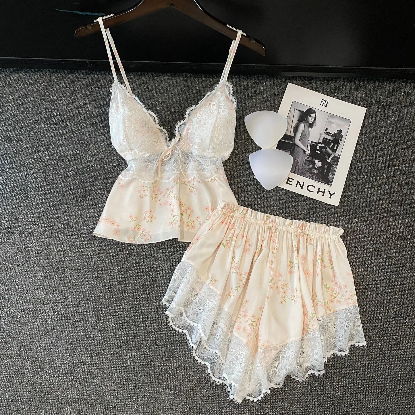 KAELAH Lingerie Two Piece Lace Sleepwear Set Sexy Sleeveless Pijamas Suit Satin