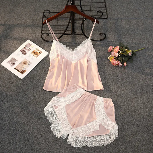 KAELAH Lisacmvpnel Sexy Patchwork Lace Women Shorts Pajama Set