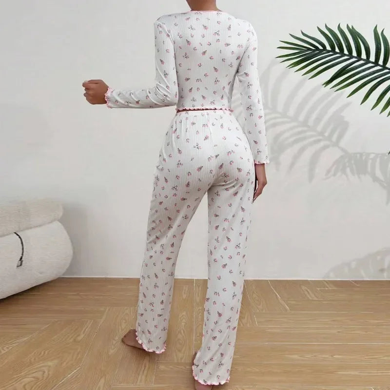 KAELAH Floral Print Set for Women Sleepwear Long Sleeve Top