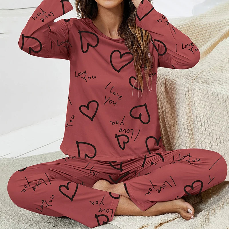 KAELAH Cartoon Print Pajama Set Short Sleeve Top Long Pants Soft Comfortable Sleepwear