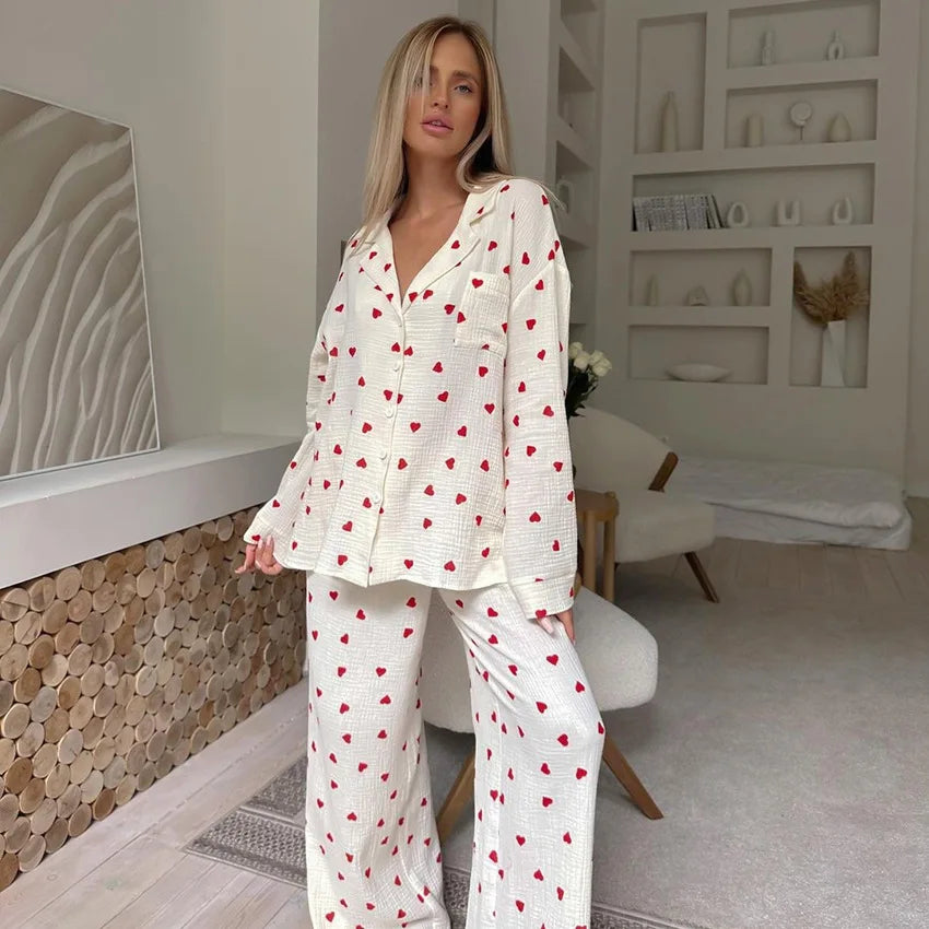 KAELAH New Love Heart Print Pyjama Cotton Long Sleeve Set