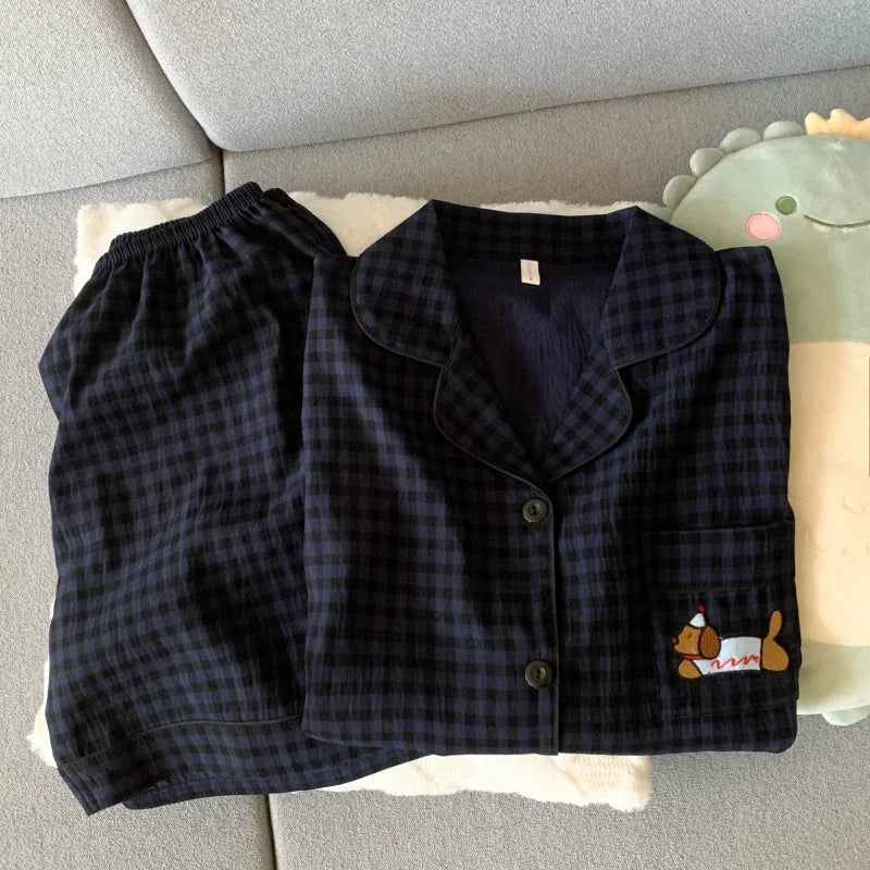 KAELAH Embroidery Dog Sweet Fashion Cute Pajamas Set for Women Plaid Lapel