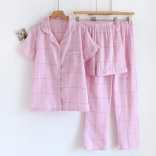 KAELAH Love Checkered Cotton Gauze Thin Short Sleeve+Shorts+Pants Simple