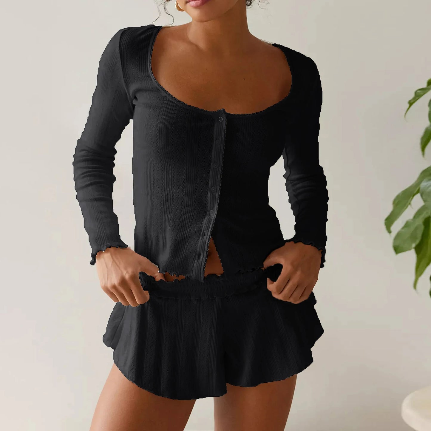 KAELAH Fairy Grunge Two Piece Pajama Sets Solid Lace Trim Round Neck Long