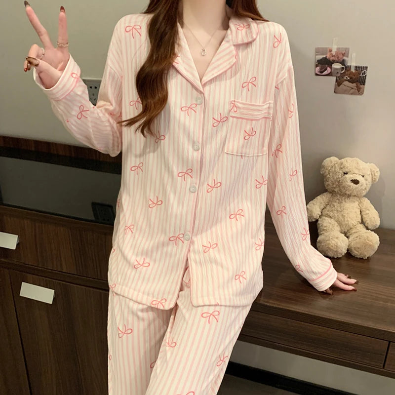 KAELAH Pink Bow Tie Design Pajamas for Women Long Sleeve Top & Elastic